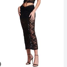 Brand New, Never Been Worn. Ordered A Size Too Big Chic Lace Bottoms For Evening, Chic Lace Evening Bottoms, Black Long Skirt For Cocktail Occasions, Lined Lace Skirt For Night Out, Chic Lace Evening Skirt, Chic Lace Bottoms For Date Night, Chic Black Lace Skirt, Chic Lace Skirt For Night Out, Chic Lace Skirt For Date Night