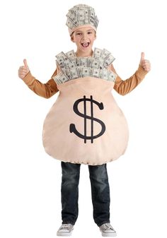 a young boy in a money bag costume