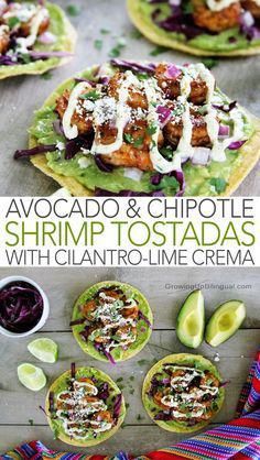 avocado and chipotle shrimp tostadas with cilantro - lime crema