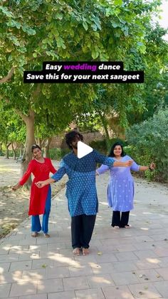 three women in colorful dresses are dancing on the sidewalk with trees behind them and text that reads easy wedding dance save this for your next