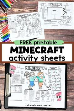 Two examples of Minecraft activity mats and example on black clipboard. Diy Minecraft Party Games, Minecraft Party Activities, Free Printable Minecraft, Minecraft Printables Free, Minecraft Party Games, Minecraft Activities, Minecraft Party Printables, Printable Minecraft, Minecraft Printables