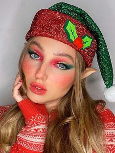 Xmas Elf Makeup, Santa Elf Makeup, Christmas Elf Makeup Simple, Elf Costume Ideas Women, Elf Make Up Ideas, Cute Elf Makeup, Elf Makeup Looks Halloween, Christmas Elf Costume Women, Elf Costume Makeup