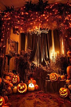 a room filled with lots of pumpkins and lights