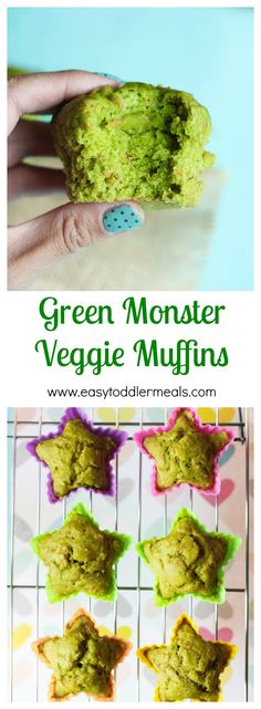 green monster veggie muffins on a cooling rack with text overlay