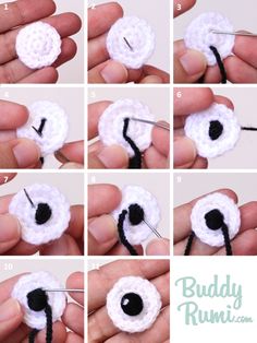 instructions to crochet an ornament for a flower with black and white yarn