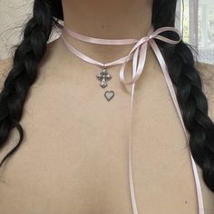 Pretty Jewelry Necklaces, Girly Jewelry, Cross Charms, Lovely Jewellery, Jewelry Inspo, Silver Cross, Pretty Jewellery, Pink Ribbon, Cute Jewelry