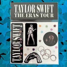 taylor swift the eras tour stickers on blue background with black and white star shapes