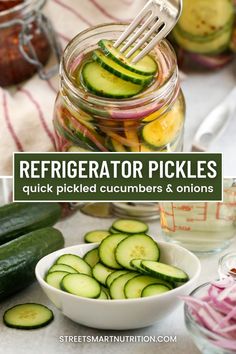 pickled cucumbers and onions in a mason jar with text overlay that reads refrigerator pickles quick pickled cucumbers & onions