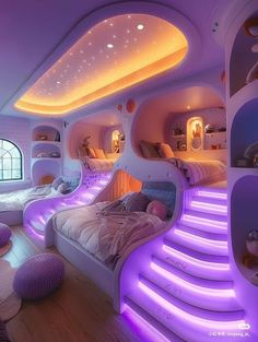 a bedroom with lots of beds and purple lights on the ceiling is lit up by white leds