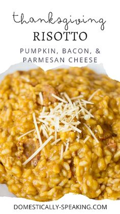 a white plate topped with pumpkin, bacon and parmesan cheese risotto