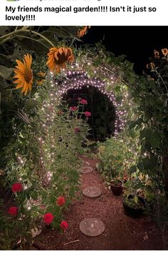 a garden with flowers and lights in the tunnel that says, my friends magical garden isn't it just so lovely