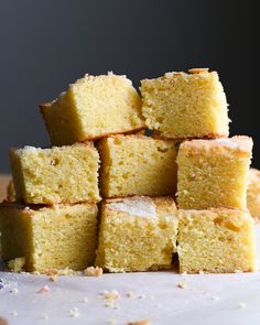 several pieces of cake stacked on top of each other