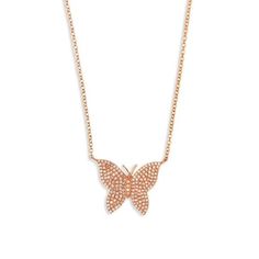 Pave Diamond Butterfly Chain Necklace  14K Rose Gold 0.36 Diamond Carat Weight Butterfly: 0.50 Length X 0.75'' Width Chain: 16-18 Long Triple Layer Necklace, Charm Choker Necklace, Bar Pendant Necklace, Druzy Earrings, Beaded Clutch, Solitaire Necklaces, Station Necklace, Bar Pendant, Large Hoop Earrings