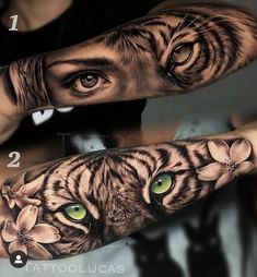 an arm tattoo with a tiger and flowers on it