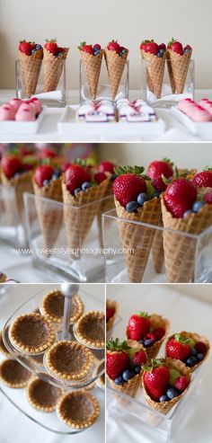 desserts in ice cream cones with strawberries and blueberries