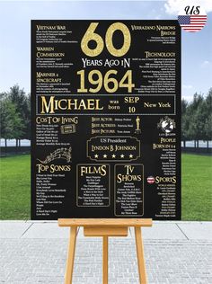 a black and gold 50th birthday sign on a wooden easel