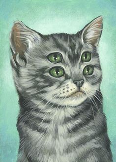 a painting of a cat with green eyes