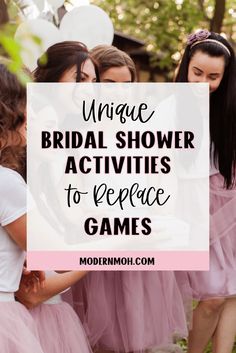 girls in pink dresses with text overlay saying unique bridal shower activities to engage games