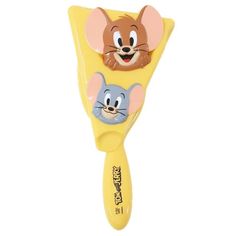 a yellow toothbrush with cartoon mouse and rat on it's head in front of a white background