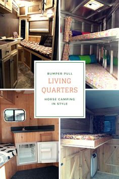 the interior of a camper with bunk beds, stoves and sink in it