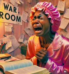 a woman with her mouth wide open in front of a room full of books and papers