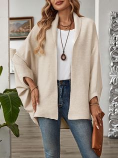 Women's Oversized Knit Cardigan Sweater Poncho Shawl Wrap For Autumn Winter Fall Women Clothes Apricot Casual  Wrist-Length Sleeve Knitwear Plain  Slight Stretch  Women Clothing, size features are:Bust: ,Length: ,Sleeve Length: