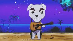 a cartoon dog holding a guitar in front of a purple sky with stars and palm trees