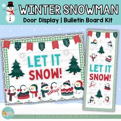 the winter snowman door display bulletin board kit is shown in two different colors and styles