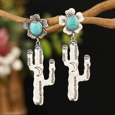 New Boho Silver Tone With Faux Turquoise Accent Cactus Drop Earrings Aztec, Western, Coastal, Mystical, Boho, Festival, Bohemian Stud With Backing Brand New From Distributor, No Actual Tags Alloy Costume Jewelry Lightweight Less Than 0.20 Oz Each All Jewelry In My Boutique: 3 For $35 With Free Shipping, Add 3 To Your Bundle And I Will Send You An Offer. Navajo Silver Jewelry, Western Coastal, Pineapple Jewelry, Natural Pearl Earrings, Cactus Earrings, Turquoise Drop Earrings, Turquoise Earrings Dangle, Turquoise Accents, Faux Pearl Earrings