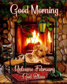 a dog laying on top of a chair in front of a fireplace with the words good morning