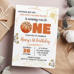 a birthday card with an orange basketball on it