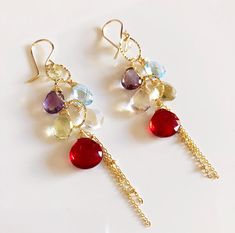 Earrings Ava - Gemstones cluster earrings - rainbow earrings - garnet quartz earrings - bridesmaid g Cluster Earrings Tutorial, Blue Quartz Crystal, Artsy Jewelry, Gemstone Drop Earrings, Earring Ideas, Earrings Bridesmaid, Earrings Inspiration, Earring Tutorial, Rainbow Earrings