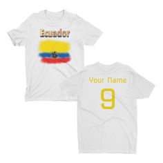 - Custom Ecuador Soccer T Shirt: This soccer tshirt features an Ecuador graphic on the front, and you can also customize the back with your own name and number! It is perfect for any Ecuadorian fan for either watching your favorite team or playing in a tournament with your team. - Comfortable Combed Cotton Material: Our Ecuador shirts are made with combed cotton, giving you a comfortable feel and fit. They also feature side seams, which provide a structured fit and are perfect for both men and w Customizable Team Spirit T-shirt With Sublimation Print, Customizable Crew Neck T-shirt For Team Events, Customizable White T-shirt For Team Events, Customizable Short Sleeve T-shirt For Sports Events, White Sports Fan T-shirt With Custom Print, Customizable Team Spirit T-shirt For Fans, Customizable Fan Apparel T-shirt For Sports Events, Custom Print T-shirt For Fans, White Sublimation Print Shirt For Fans