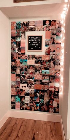 a wall with pictures and lights on it