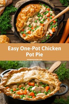 A skillet of creamy chicken pot pie topped with golden brown pastry crust, featuring chunks of chicken, peas, and carrots. Creamy Chicken Pot Pie Recipe, Easy Chicken Pot Pie Casserole, Creamy Chicken Pot Pie, Easy Chicken Pot Pie