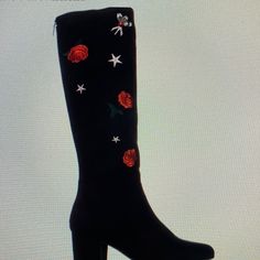 Betsy Johnson Embellished Black Swede Boots With Rhinestones And Decals Size 10. Nwot These Impossible To Find Comfortable Boots Have A Block Heel And Fit Beautifully. Knee High With Rose , Star And Other Decals. Rhinestone Flower. Block Heel Swede Heel And Completely Unworn. A Lot Of Fun And Whimsical To Wear. Swede Boots, Betsey Johnson Shoes, Rhinestone Flower, Comfortable Boots, Betsy Johnson, Shoes Heels Boots, Betsey Johnson, Shoes Women Heels, Knee High