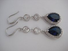 Blue Sapphire Cubic Zirconia Long Bridal by fantasycrystals Long Bridal Earrings, Earrings Sapphire, Silver Jewelry Wedding, Crystal Earrings Wedding, Silver Wedding Jewelry, Pearl Jewelry Wedding, Long Dangle Earrings, Earrings Wedding, Pearl Wedding