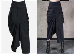 Original Design High Waist Wide Leg Culottes Big Crotch Harem Pants // Cotton Asymmetrical Slacks Trouser Wide Leg Culottes, Black Harem Pants, Slacks Trousers, Womens Wide Leg Pants, Langer Mantel, Pants Cotton, Trendy Street Style, Plus Size Kleidung