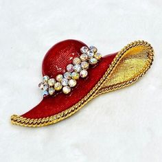 Vintage Red Hat Enameled Brooch W/Crystals. Could Be Worn As A Brooch Or A Pendant. 2.8” Red Enamel Brooch For Gift, Red Enamel Brooch Pin, Red Enamel Brooch Gift, Red Enamel Brooches For Gift, Red Enamel Brooch, Red Enamel Brooches As Gift, Red Enamel Brooch Jewelry, Elegant Red Brooch Pins, Red Rhinestone Brooch For Gift