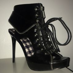 -Plaid Interior -Open Sides & Toe -Zipper Trimming -Zipper Lace Up Edgy Party Heels With Zipper Closure, Edgy High Heels With Zipper Closure, Black Heels With Zipper Closure For Spring, Zipper Heels, Michael Antonio, Shoes Women Heels, Black Silver, Shoes Heels, Lace Up