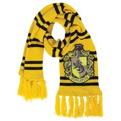 a harry potter scarf with hogwarts on it and a black and yellow stripe