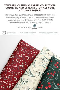 four christmas fabric samples in different colors and patterns, with the text'merry christmas fabric collection