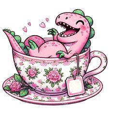 a pink dinosaur in a teacup with roses