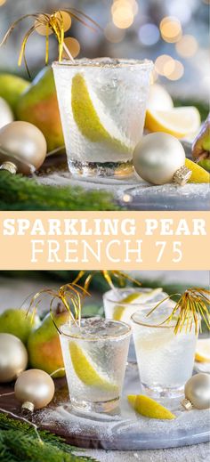 two glasses filled with sparkling pears and lemonade on top of a platter