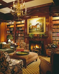 a living room filled with lots of furniture and bookshelves next to a fire place