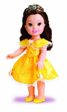 the doll is wearing a yellow dress and tiara