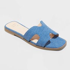 Women's Nina Slide Sandals - A New Day™ Blue Denim 8 Beach Socks, Bling Sandals, Pearl Sandals, Target Shoes, Uniqlo Bags, Rhinestone Flats, Sandals Flat, Top Band, Stylish Top