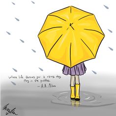 a woman holding an umbrella in the rain while wearing yellow boots and a purple dress