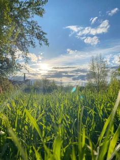 the sun shines through the clouds over some green grass