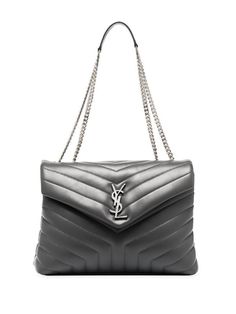 grey black leather quilted signature YSL logo plaque debossed internal logo internal logo patch silver-tone hardware foldover top with magnetic fastening leather and chain-link shoulder strap partitioned compartment internal zip-fastening pockets Made in Italy Luxury Silver Bag With Logo Hardware, Designer Silver Bags With Logo Hardware, Luxury Silver Bags With Logo, Chic Silver Shoulder Bag With Logo Hardware, Ysl Logo, Saint Laurent Bag, Designer Shoulder Bags, Casual Backpack, Grey Leather